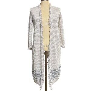 Nic+Zoe S Cardigan Gray Fringe Lightweight Linen Boho Coastal Grandma Lagenlook